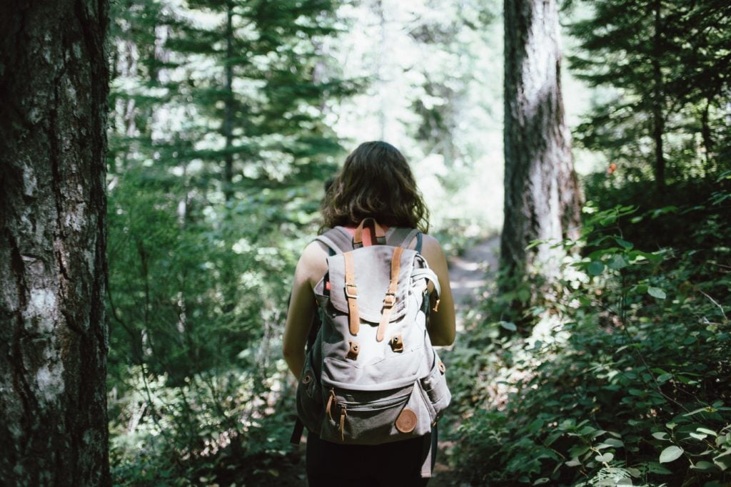 hiker walking through the woods with a backpack