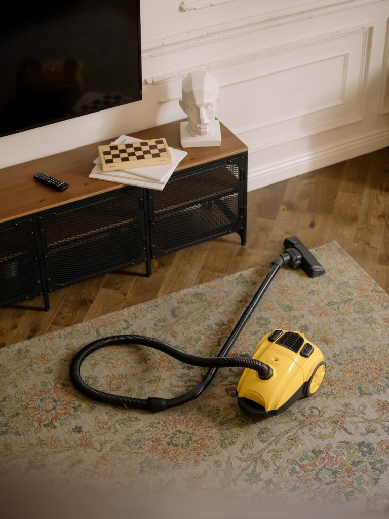 vacuum laying on an area rug in a living room
