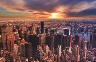 High angle cityscape view of NYC
